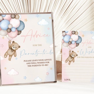 Carte conseils ours en peluche Jeux de baby shower pour fille Parents et future maman Prédiction du sexe des vœux pour la fête Ballons roses bleus MODIFIABLE BS21M