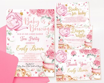 Paquete de invitaciones para baby shower con temática de té, set de invitaciones para un bebé en ciernes, té del Sombrerero Loco, tetera floral rosa para fiesta en el jardín, editable BS18P