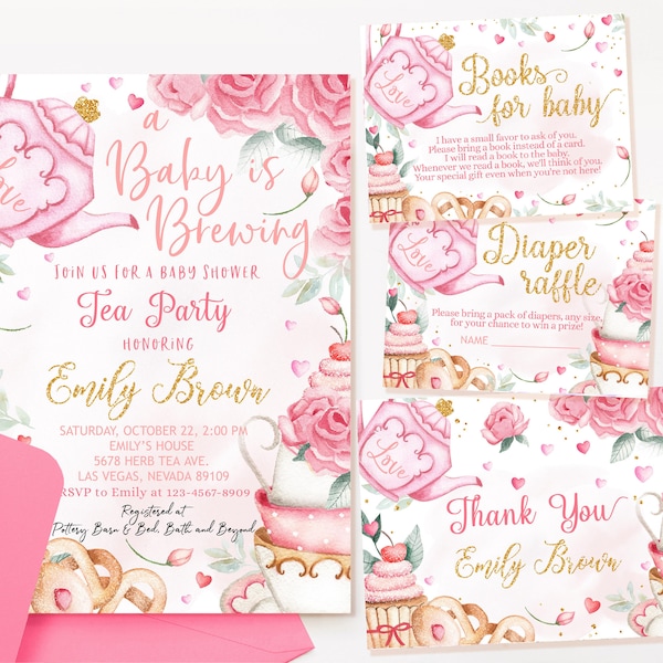 Tea Party Baby Shower Bundle A Baby is Brewing Invitation Suite Gold Blush Pink Floral Teapot High Tea Garden Invite Set EDITABLE BS18P