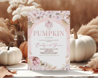 Rosa Kürbis-Babyparty-Einladung Boho Bogen Herbst Floral Kürbis Mädchen-Babyparty-Einladung Herbstblätter süßer kleiner Kürbis EDITIERBARE BS69P