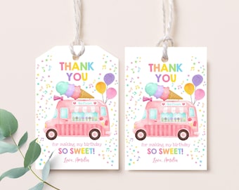 Etichette regalo a forma di camioncino dei gelati per il primo compleanno di una bambina, etichette regalo estive, etichette di ringraziamento stampabili "Two Sweet One Here's the Scoop" (Due dolci, ecco il gelato) BT69P