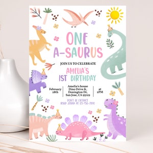 Pastel Dinosaur Birthday Invitation One-A-Saurus 1st Birthday Party Invite Pink Purple Cute Dino Jurassic Jungle Wild Animals EDITABLE BT98
