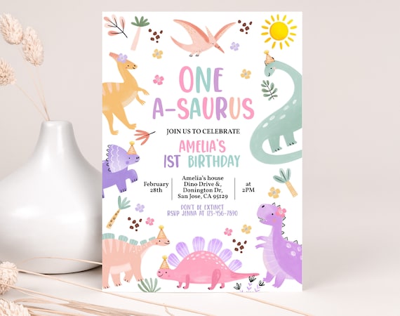 Pastel Dinosaur Birthday Invitation One-A-Saurus 1st Birthday Party Invite Pink Purple Cute Dino Jurassic Jungle Wild Animals EDITABLE BT98