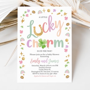 St. Patrick's Day babyshower uitnodiging A Little Shamrock is on the Way Lucky Charm Invite Groen goud klavertje vier regenboog BEWERKBARE BS49P