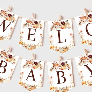 Falling in Love Baby Shower Banner Fall Pumpkin Floral Gender Neutral Party Decor Autumn Rustic Boho Flowers Garland EDITABLE Prop BS99O