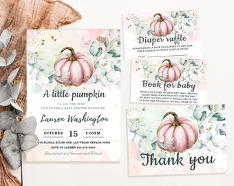 Pumpkin Baby Shower Set Pink Gold Diaper Raffle Book for Baby Fall Autumn Girl Birthday Template Bundle Instant download Printable BBS001