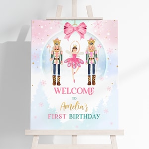 Nutcracker Birthday Welcome Sign Girl 1st Birthday Poster Winter Pink Sugar Plum Fairy Ballet Ballerina Land of Sweets Porch EDITABLE BT89P