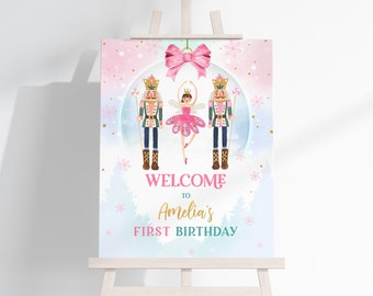 Nutcracker Birthday Welcome Sign Girl 1st Birthday Poster Winter Pink Sugar Plum Fairy Ballet Ballerina Land of Sweets Porch EDITABLE BT89P