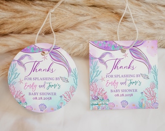 Etiketter med sjöjungfru-babyshower, presentetiketter under havet, flicka, prinsessa, magisk lila, blågrön, guld, tacketiketter för sjöjungfrusvans, utskrivbara BS37V