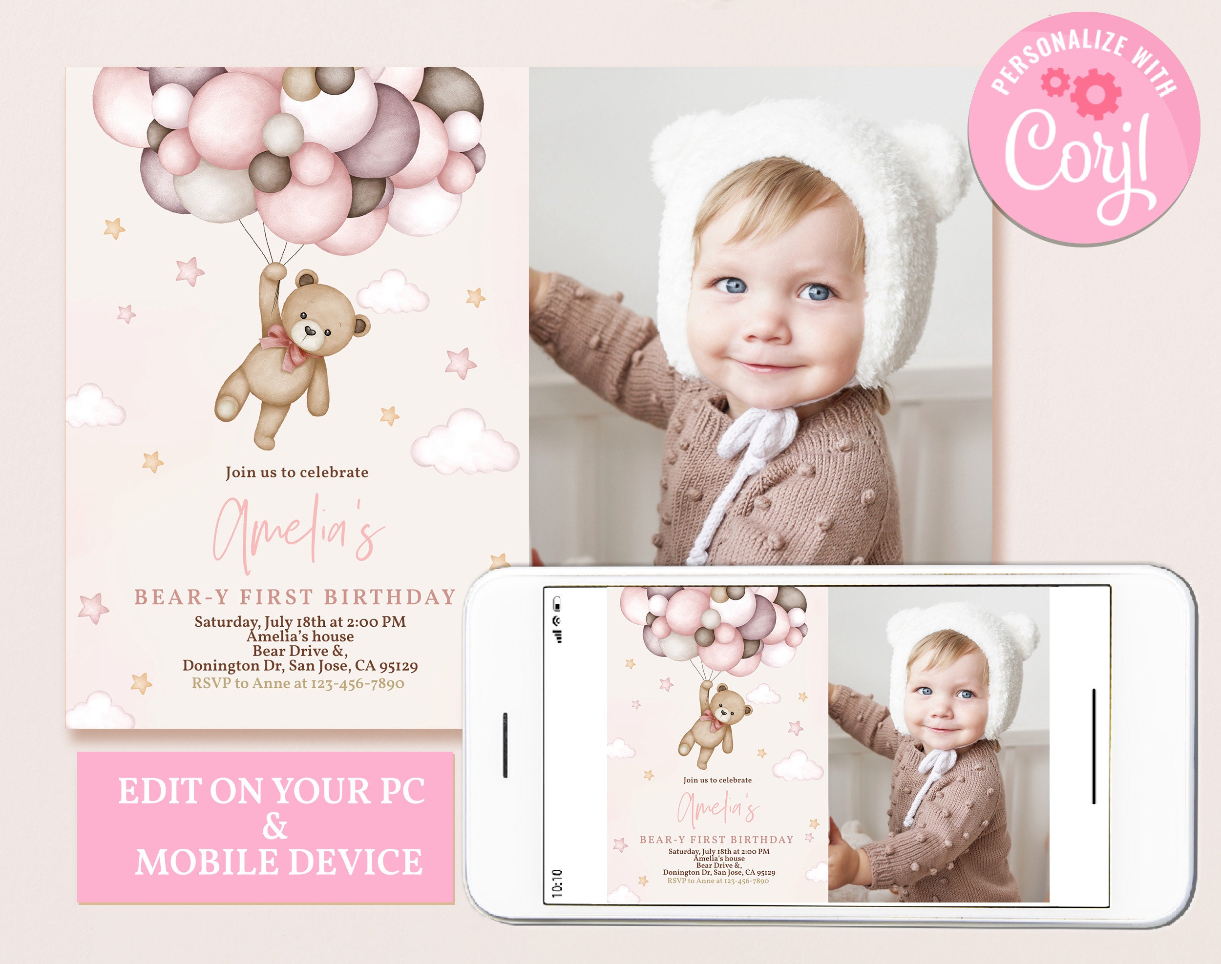 Pink Teddy Bear Birthday Photo Invitation Beary 1st First Birthday ...