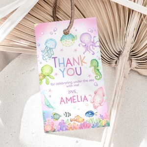 Etiquetas de regalo de cumpleaños bajo el mar Etiquetas de regalo para baby shower náutico Etiquetas de agradecimiento para el primer cumpleaños de niña Animales marinos del océano imprimibles BS77P AT07P