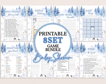 May include: Printable baby shower game bundle with a winter theme. The games include "Who Knows Mommy Best?", "Emoji Pictionary", "Baby Word Scramble", "Baby Bingo", "What's in Your Purse?", and "Find the Guest".