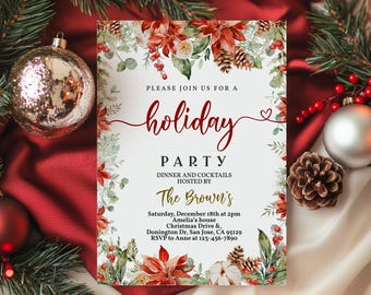 May include: A white holiday party invitation with a red and green floral border. The text reads "Please join us for a holiday party, dinner and cocktails hosted by The Brown's, Saturday, December 18th at 2pm, Amelia's house, Christmas Drive & Donington Dr, San Jose, CA 95129, RSVP to Anne at 123-456-7890".