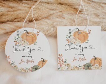 May include: Two round and rectangular thank you tags with a watercolor design of pumpkins, leaves, and flowers. The text on the tags reads "Thank You for coming Love, Amelia".