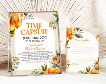 Puede incluir: Imprimible de cápsula del tiempo con diseño floral naranja y blanco con el texto "Time Capsule Sealed Until 20XX To Be Opened On Amelia's 18th Birthday" y una tarjeta en blanco con el texto "Dear, Amelia" y "With Love."