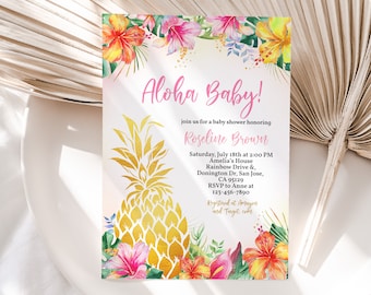 Aloha Baby Shower Invitation Hawaiian Tropical Luau Gender Neutral Invite Summer Party Gold Pineapple Pink Floral Hibiscus EDITABLE BS19P