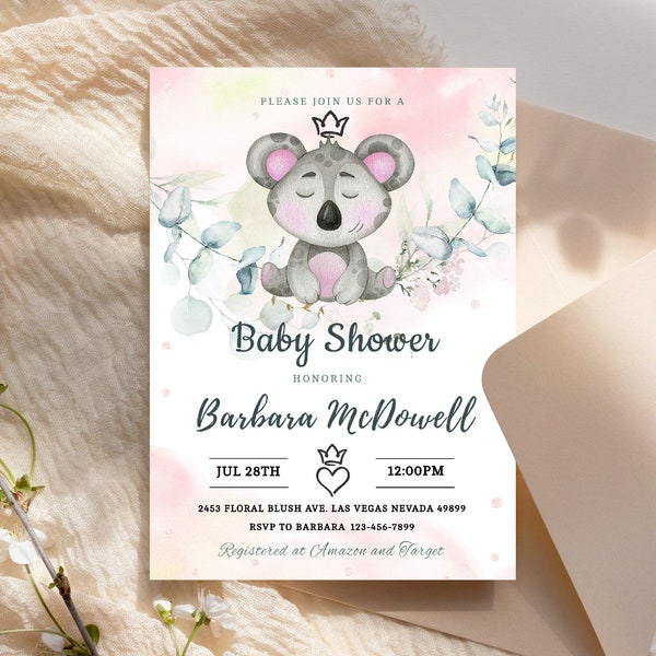 Koala Invitation Baby Shower Invite Party Eucalyptus Pink Floral Jungle Safari Teddy Bear Woodland Girl Template Editable INSTANT DOWNLOAD