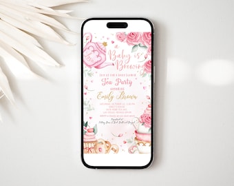 Tea Party babyshower Evite, A Baby is Brewing digitale uitnodiging, Mad Hatter Garden Invite, roze bloementheepot mobiele tekst BEWERKBARE BS18P