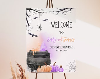 Halloween Gender Reveal Welcome Sign A Baby is Brewing Witch Baby Shower Poster Orange Purple Cauldron Party He or She Porch EDITABLE BS66Z
