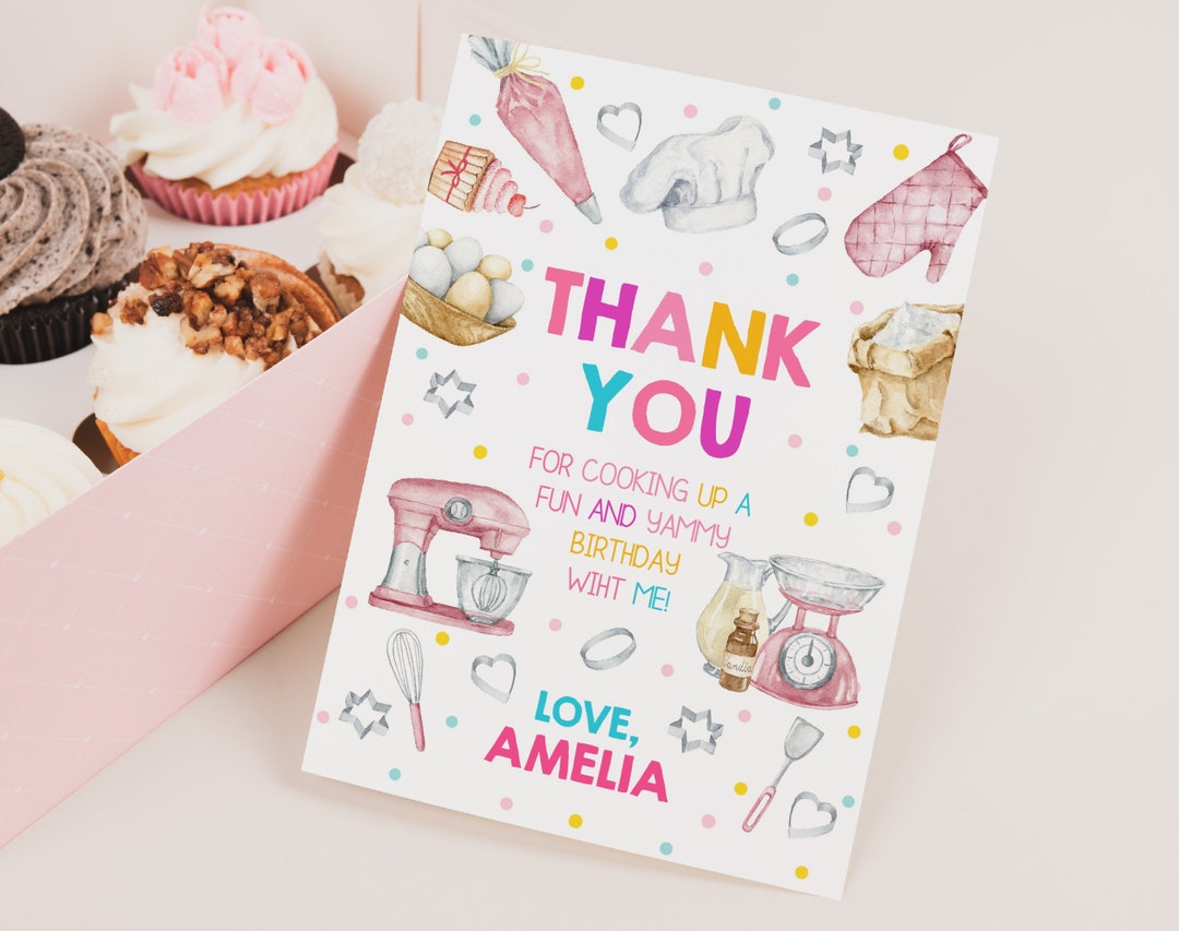 Baking Birthday Thank You Card Girl Chef Pink Cooking Party Thank You ...
