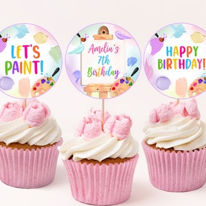 Adornos para cupcakes de cumpleaños con diseño de arte, para pintar, para fiestas, para niños y niñas, para el primer cumpleaños, con acuarela, para pintar con arcoíris, para manualidades, para fiestas, etiquetas para postres, imprimibles, BT75P