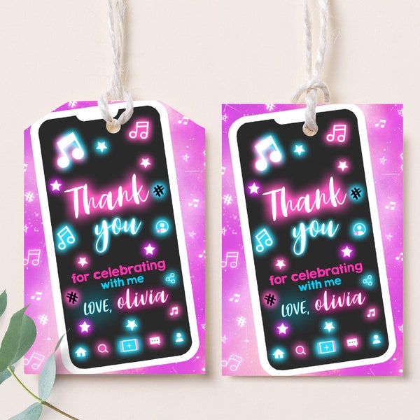 Tik Tok Favor Tags Этикетки для подарков на день рождения TikTok Спасибо, музыкальное приложение, неоновая розовая наклейка для печати, мгновенная загрузка, шаблон BTD019