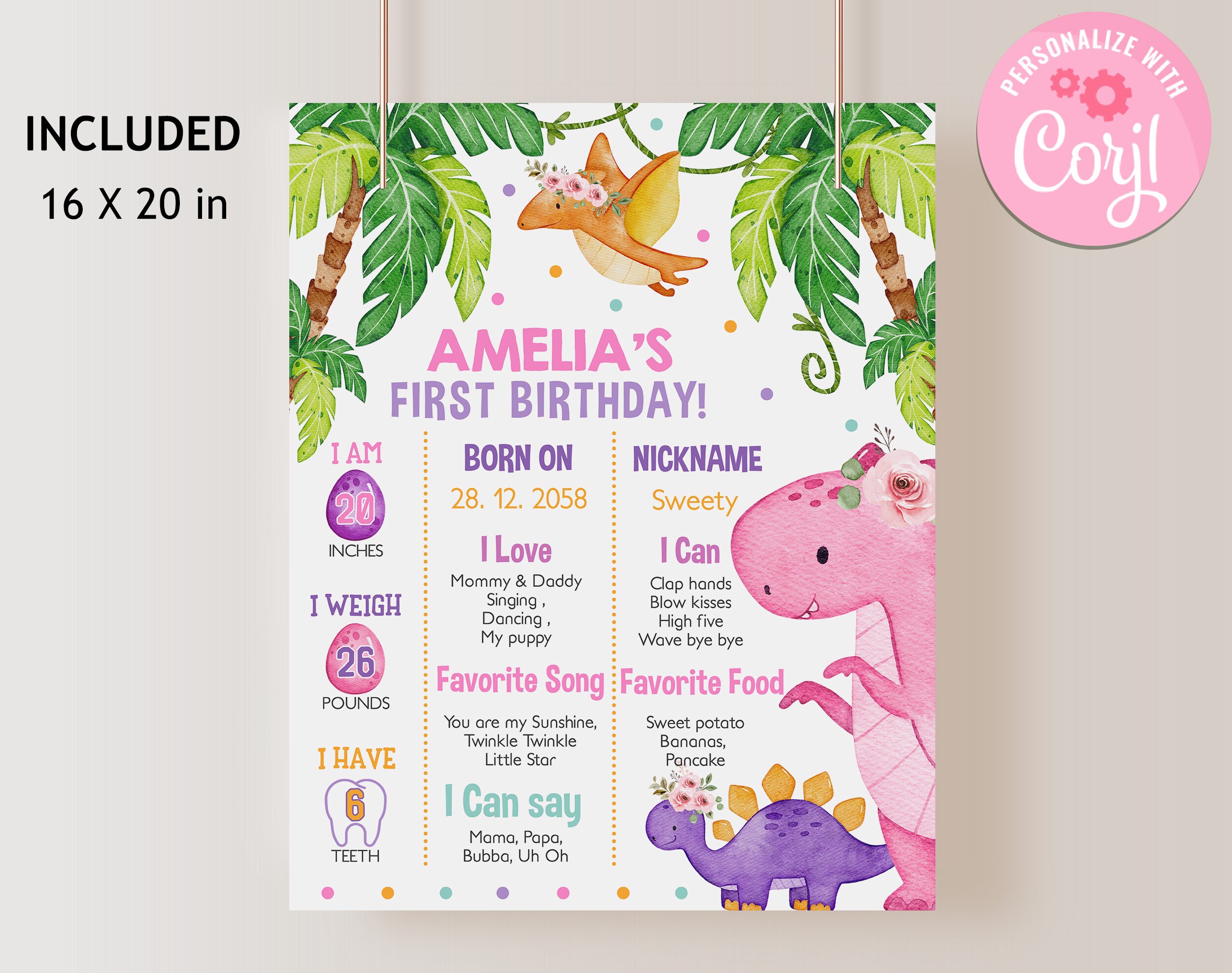 Dinosaur Birthday Milestone Board Sign Girl 1st First Birthday Decor ...
