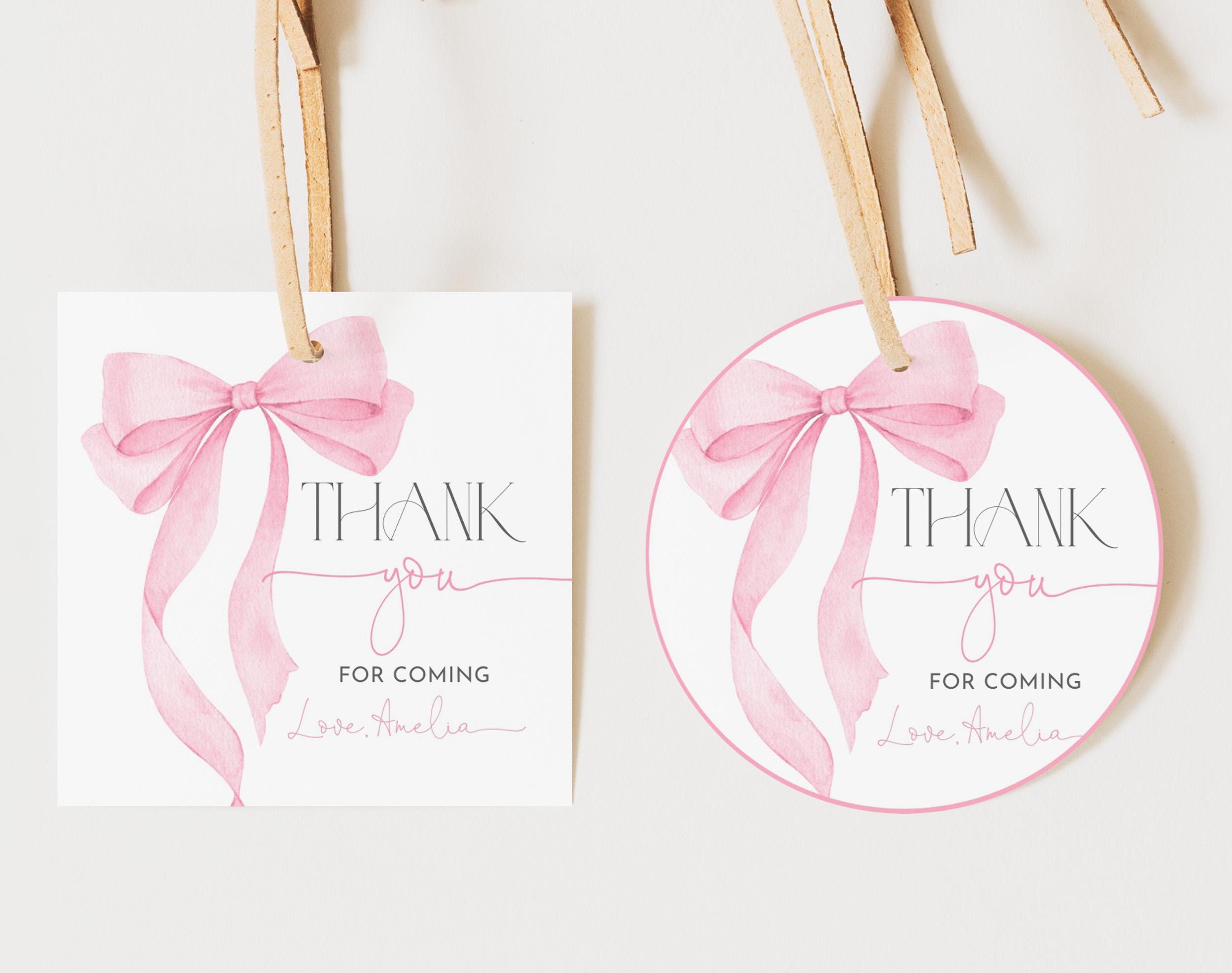 Pink Bow Birthday Favor Tag Coquette Baby Shower Gift Tag Elegant Soft Pastel Pink Ribbon Circle Square Thank You Tags Printable AS20P AT63P