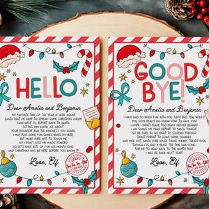 Puede incluir: Dos tarjetas navideñas con bordes a rayas rojas y blancas. Una dice "HELLO" y la otra "GOOD BYE!" Ambas tarjetas presentan ilustraciones festivas de un gorro de Papá Noel, un bastón de caramelo y adornos, con texto dirigido a "Amelia y Benjamin."