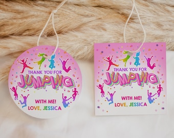 Jump Favor Tags Trampoline Birthday Party Gift Tags Boy Girl Bounce House Thank You Stickers Pink Jumping Label Printable Template BTD034