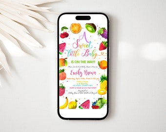Twotti Frutti Baby Shower Evite Sweet Little Baby Digital Invitation Tropical Summer Fruit Mobile Phone Electronic Text Invite EDITABLE BS17