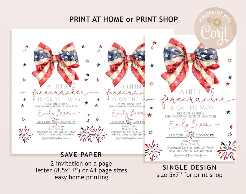 Puede incluir: Invitaciones para baby shower con un lazo patri&oacute;tico rojo, blanco y azul. El texto dice "A little firecracker is on the way" con detalles del evento. Disponible en tama&ntilde;os A4 y carta.
