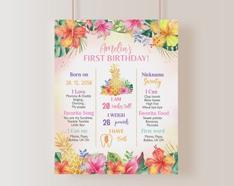 Luau Birthday Milestone Board Sign Girl First Birthday Decor Hawaiian Tropical Summer Party Aloha Gold Pineapple Pink Floral EDITABLE AT02P
