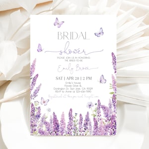 Invito per la festa nuziale con lavanda, invito per la festa nuziale con farfalla viola, fiori di campo, farfalle lilla, fiori primaverili, MODIFICABILE BR10V