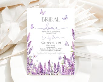 Lavender Bridal Shower Invitation Purple Butterfly Wedding Shower Invite Wildflower Lilac Butterflies Floral Spring Flowers EDITABLE BR10V
