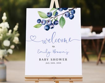 Blueberry Baby Shower Welcome Sign Berry Sweet Poster Blue Berry Gender Neutral Decor Green Blueberries Summer Fruit Porch EDITABLE BS93B