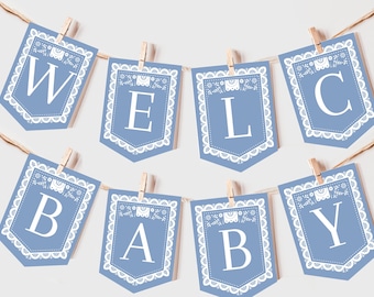 Cielito Lindo Baby Shower Banner Blue Mexican Talavera Baby Shower Party Decor Papel Picado Boy Fiesta Garland EDITABLE Bunting Flag AS42B