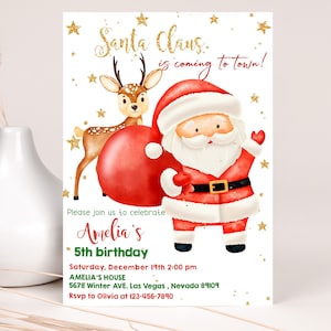 Christmas Birthday Invitation Boy Girl 1st First Birthday Party Invite Happy Winter Holiday Kids Santa Claus Rudolph Reindeer EDITABLE BT04
