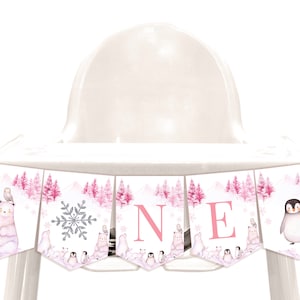 Banderín de silla alta de Onederland de invierno, País de las Maravillas, decoración para fiesta de primer cumpleaños de niño y niña, banderines de animales árticos de oso polar, accesorio imprimible BT46P