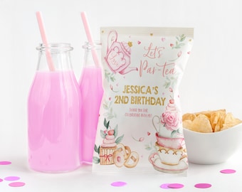 Étiquettes pour sac à croustilles Tea Party anniversaire 1er anniversaire de la fillette, décoration dorée poudré rose, thé, collation, friandises, sac, jardin fantaisiste, imprimable BT10P