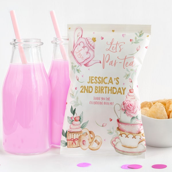 Fiesta del té cumpleaños chip bolsa etiquetas niña 1er cumpleaños decoración oro rubor rosa floral té alto snack golosinas bolsa jardín caprichoso imprimible BT10P