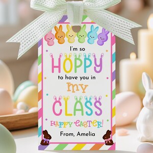 May include: An Easter gift tag with a light green ribbon. The tag says "I'm so HOPPY to have you in my CLASS HAPPY EASTER! From, Amelia" with bunny and egg graphics. The tag has a striped border and is surrounded by Easter eggs and a white bunny figurine.