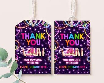 Bowling Gift Tag Birthday Party Favor Label Boy Strike up Neon Glow Arcade Laser Sports Girl Thank Sticker Instant Download Printable BT25P