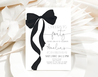 Black Bow Birthday Invitation, Coquette Minimalist Ribbon Invite, Cheers to Forty Joint, Elegant 40th Bday Party, Any Age EDITABLE AT63K
