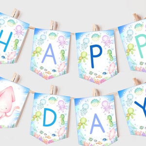 Unter dem Meer Geburtstagsbanner Ozeantiere Junge erster Geburtstag Party Dekoration Nautische Meeresleben Tiere Unterwassergirlande EDITIERBAR AT07B