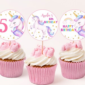 Eenhoorn cupcake toppers meisje 1e eerste verjaardag partij decor magische pastel regenboog eenhoorn roze paars goud dessertetiketten afdrukbare BT20P