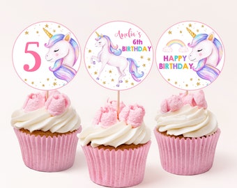 Unicorn Cupcake Toppers Girl 1st First Birthday Party Decor Magical Pastel Rainbow Unicorn Pink Purple Gold Dessert Labels Printable BT20P