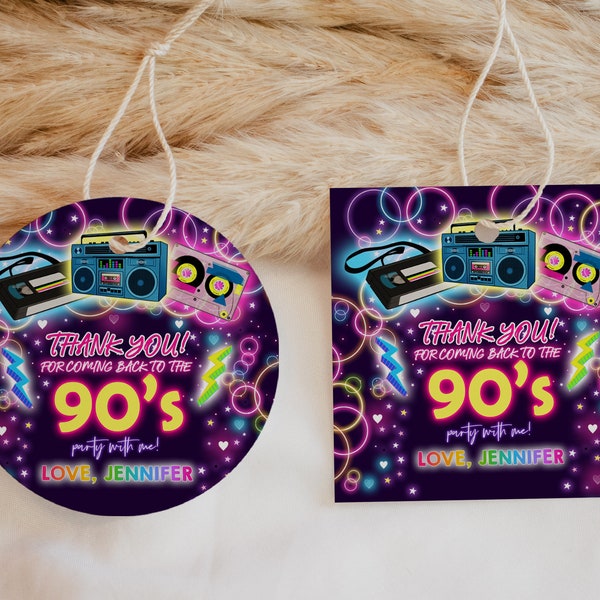 90s Party Favor Tags 40th Birthday Gift Tags 80s Retro Back to 1990s Thank You Tags Throwback Neon Glow Disco Dance Hip Hop Printable BT49