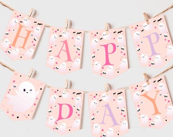 Banner de aniversário de Halloween, decoração assustadora para o primeiro aniversário de uma menina, festa espetacular com fantasmas rosa, guirlanda fofa "Hey Boo", bandeirinhas editáveis AT08P