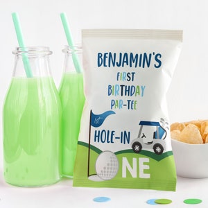 Golf Birthday Chip Bag Labels Boy First 1st Birthday Party Decor Hole In One Snack Treats Bag Let&#39;s Par-Tee Time Golfing Printable BT24B